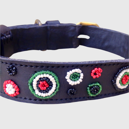 Handcrafted Maasai Dog Collar - Red Green Circles