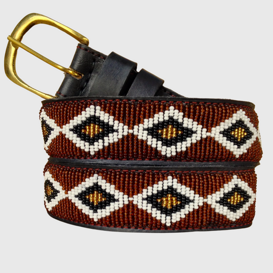 Handcrafted Maasai Belt - Brown Gold Geometric