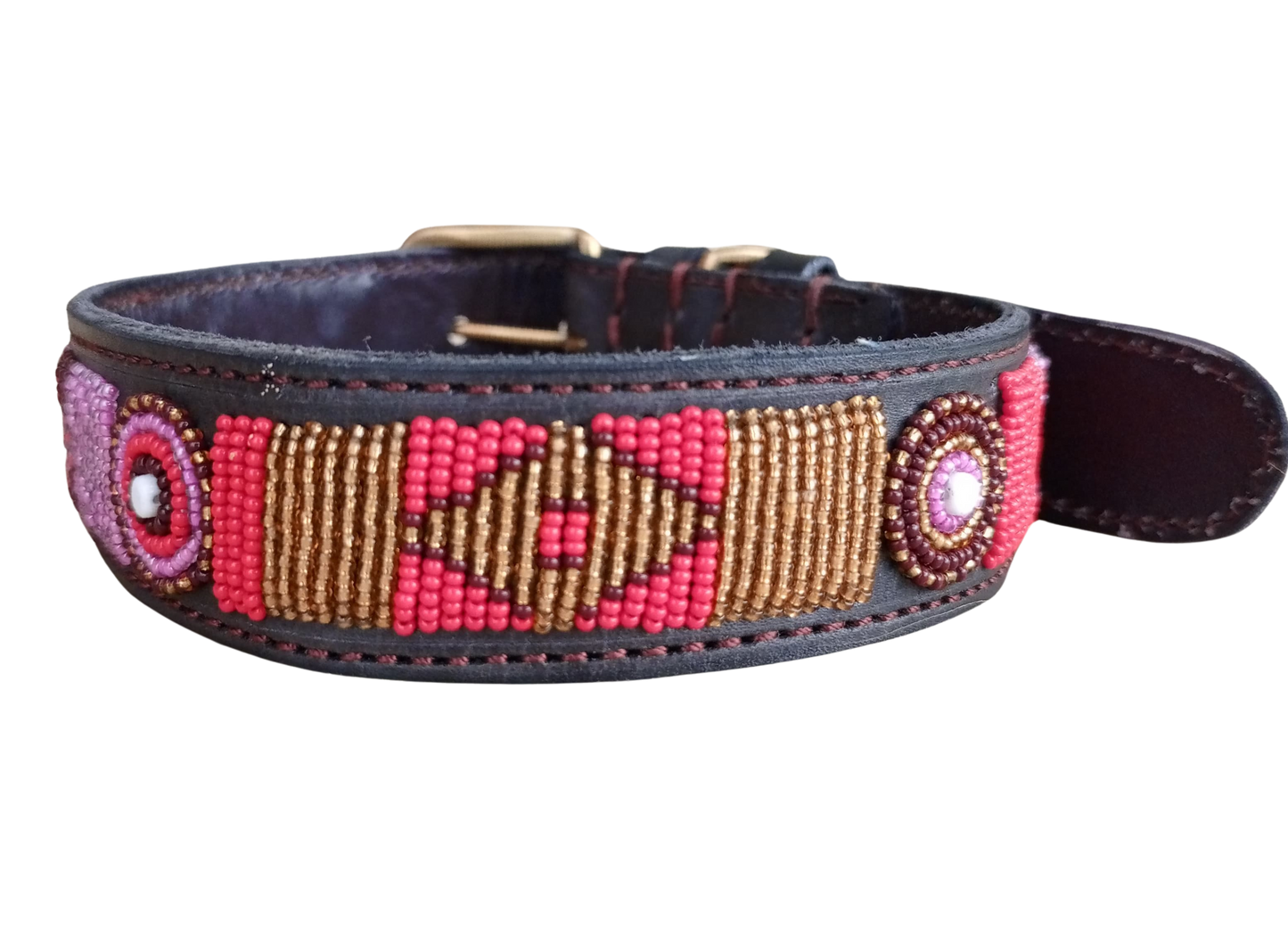 Handcrafted Maasai Dog Collar - Pink Red Geometric