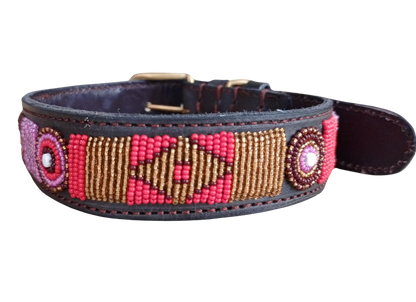 Handcrafted Maasai Dog Collar - Pink Red Geometric