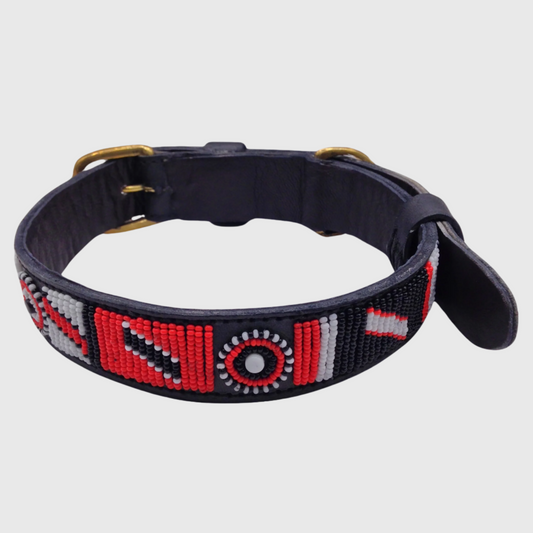 Handcrafted Maasai Dog Collar - Red White Geometric