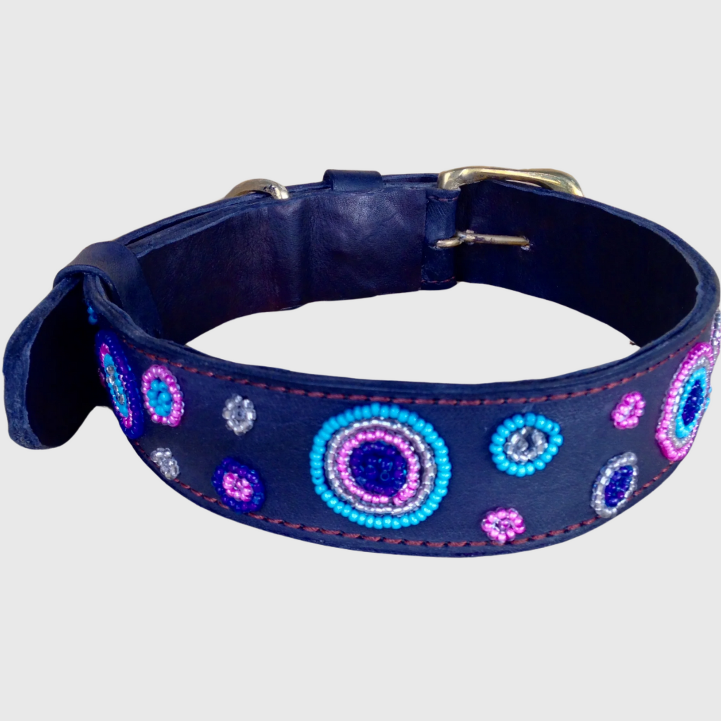 Handcrafted Maasai Dog Collar - Pink Blue Circles