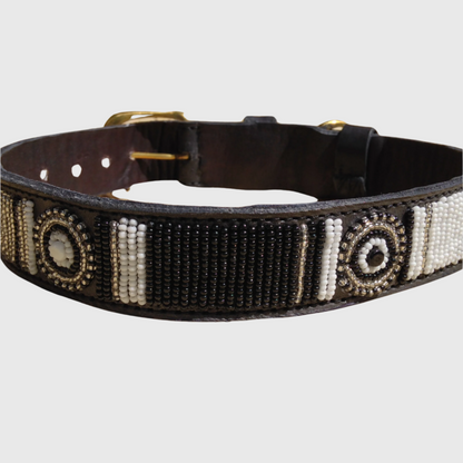 Handcrafted Maasai Dog Collar -Brown Silver Geometric