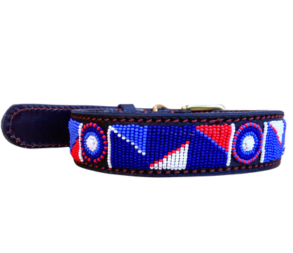Handcrafted Maasai Dog Collar - Blue Red Geometric
