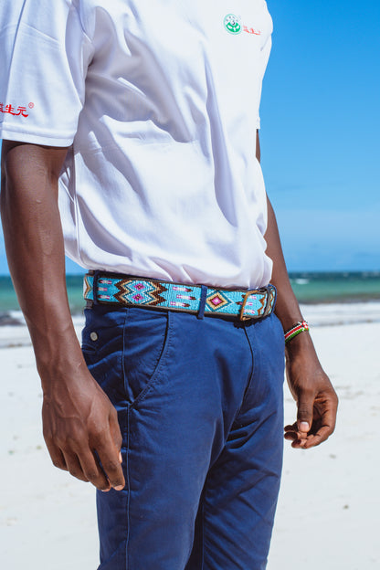 Handcrafted Maasai Belt - Turquoise Geometric