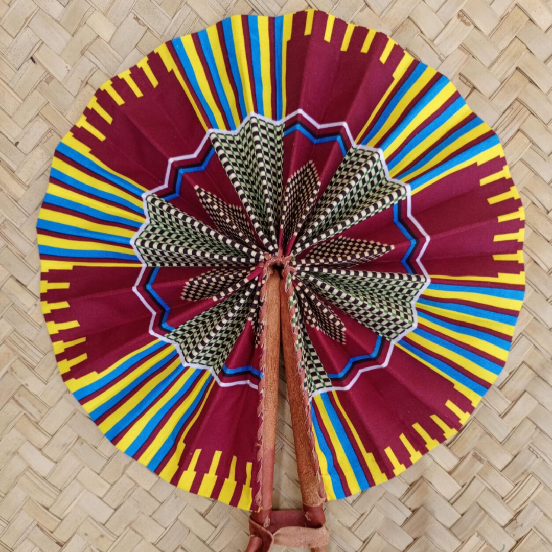 Ankara Fabric Hand Fan Leather Handle