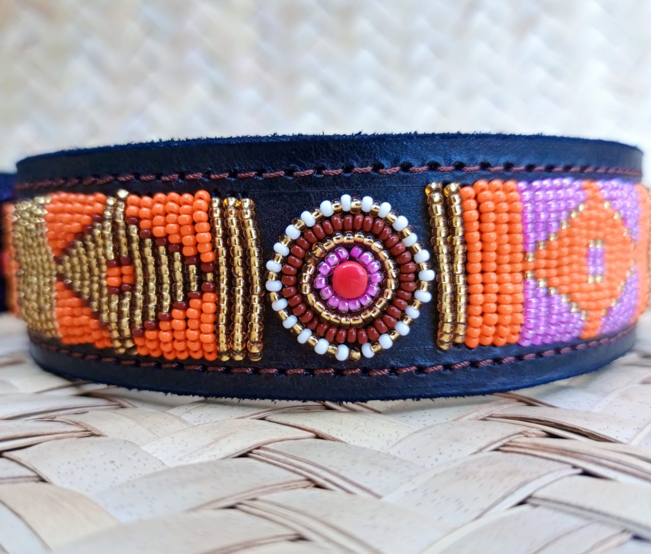 Handcrafted Maasai Dog Collar - Orange Gold Geometric