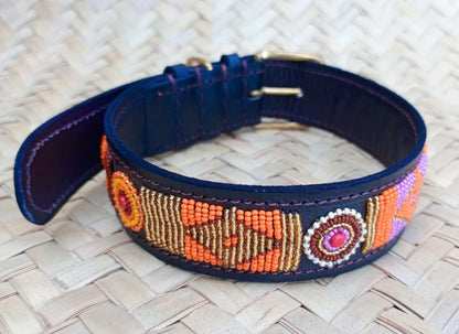 Handcrafted Maasai Dog Collar - Orange Gold Geometric