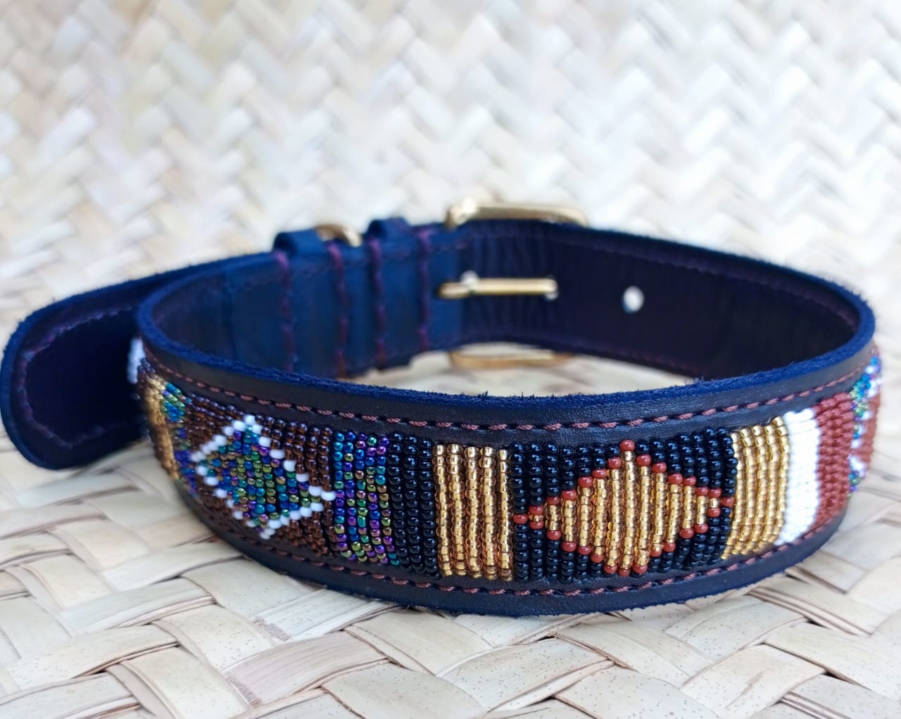 Handcrafted Maasai Dog Collar -Brown Gold Geometric