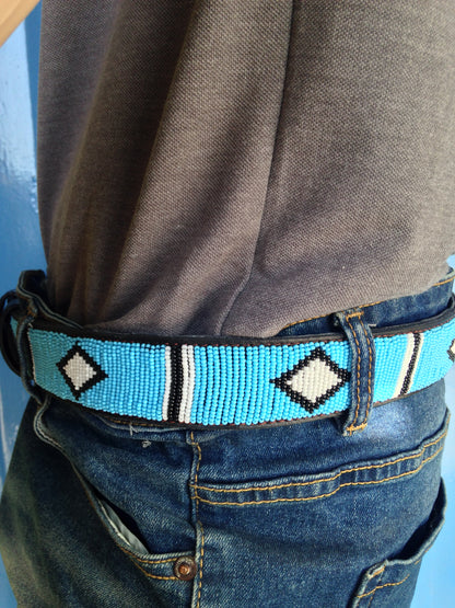 Handcrafted Maasai Belt - Sky Blue Geometric