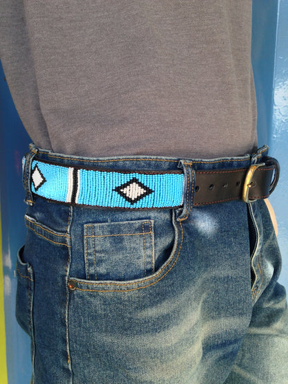 Handcrafted Maasai Belt - Sky Blue Geometric