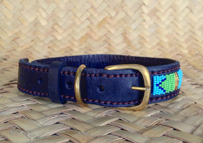 Handcrafted Maasai Dog Collar - Blue Green Geometric