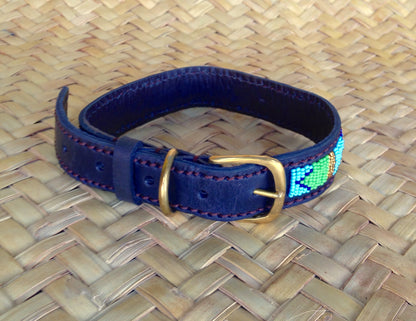 Handcrafted Maasai Dog Collar - Blue Green Geometric