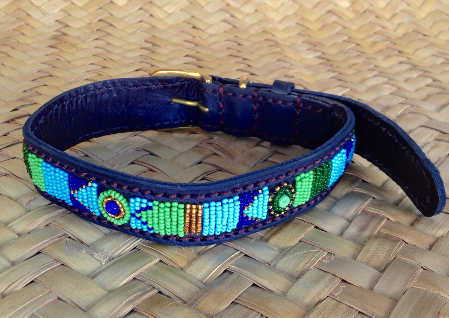 Handcrafted Maasai Dog Collar - Blue Green Geometric