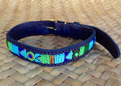 Handcrafted Maasai Dog Collar - Blue Green Geometric