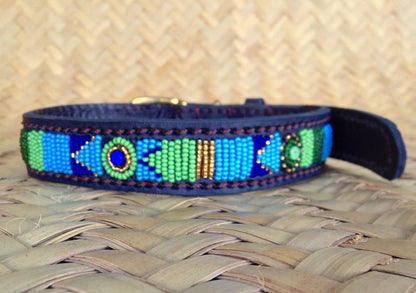 Handcrafted Maasai Dog Collar - Blue Green Geometric