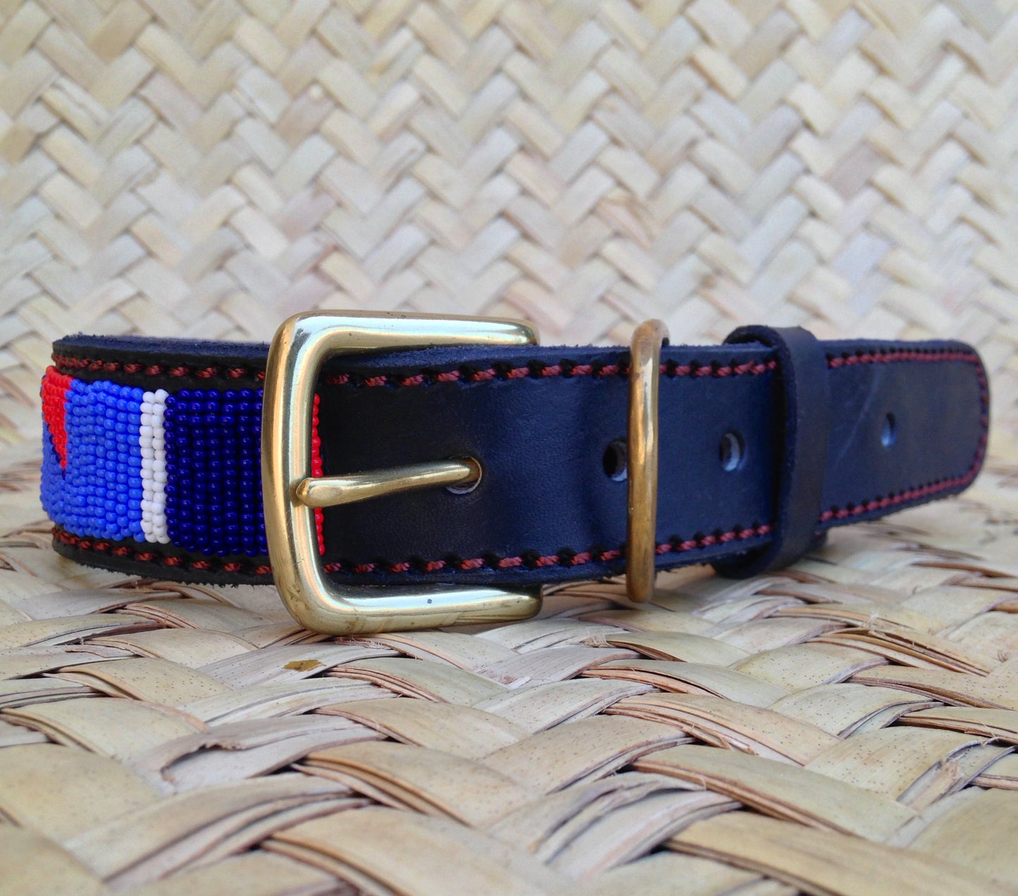 Handcrafted Maasai Dog Collar - Blue Red Geometric