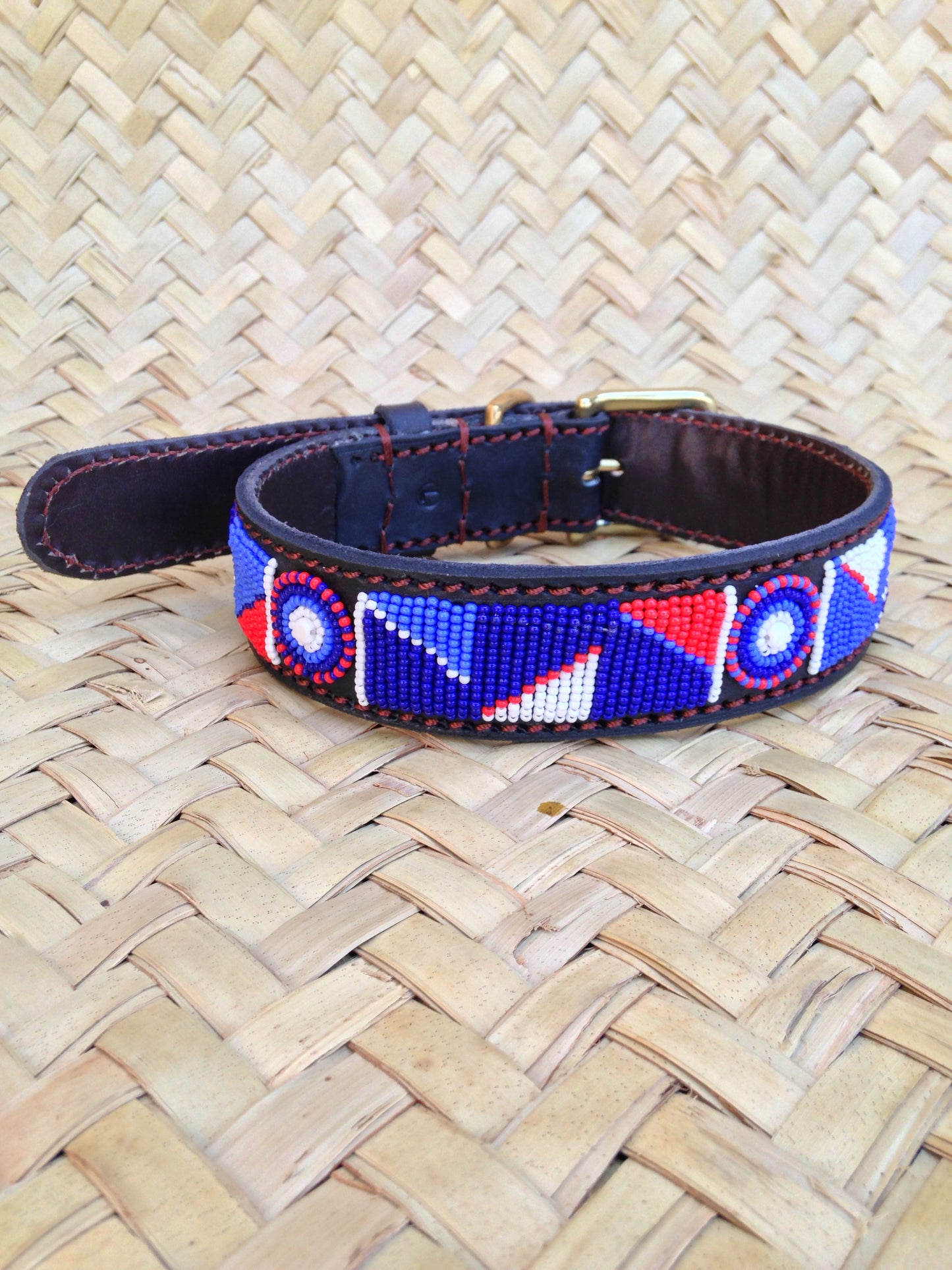 Handcrafted Maasai Dog Collar - Blue Red Geometric