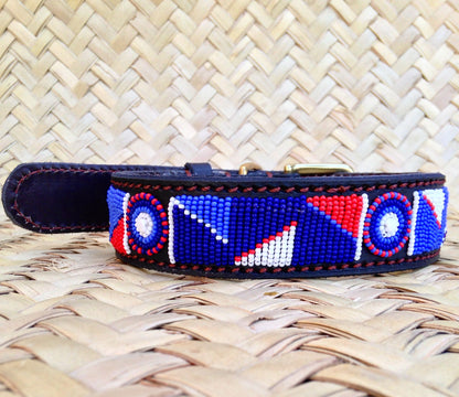 Handcrafted Maasai Dog Collar - Blue Red Geometric