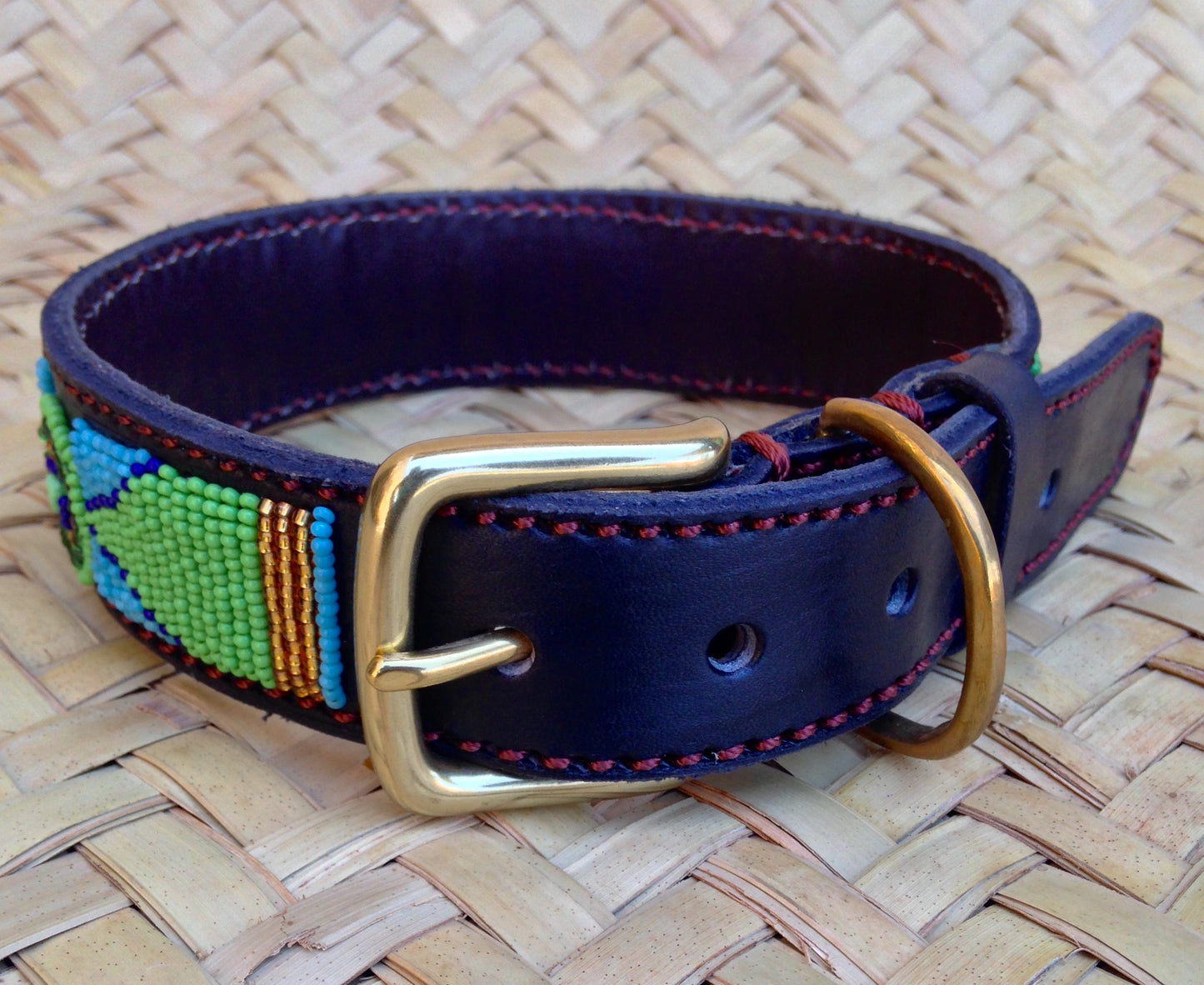 Handcrafted Maasai Dog Collar - Blue Green Geometric