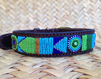 Handcrafted Maasai Dog Collar - Blue Green Geometric