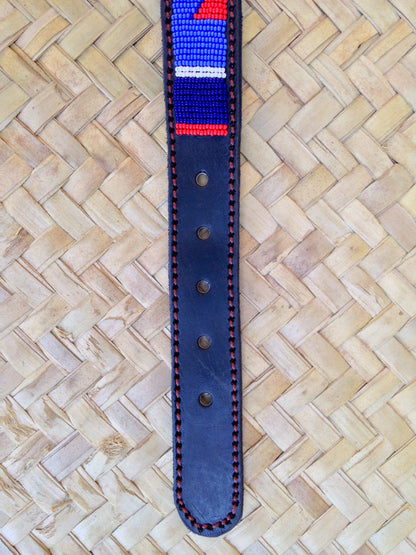 Handcrafted Maasai Dog Collar - Blue Red Geometric