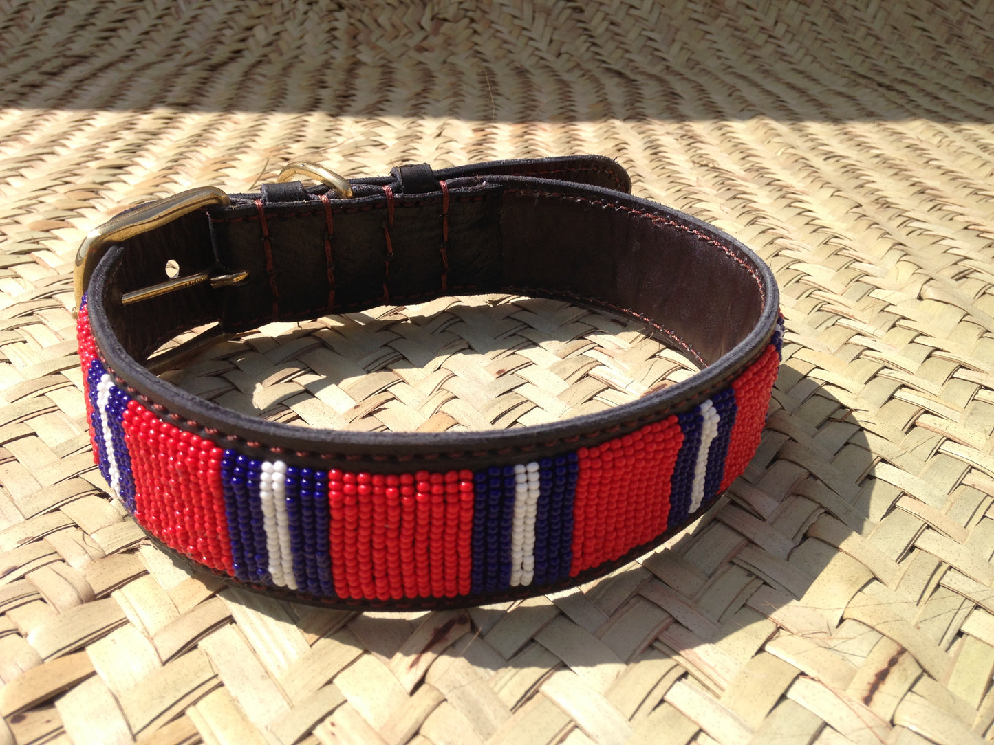 Handcrafted Maasai Dog Collar -  Red Blue Stripes