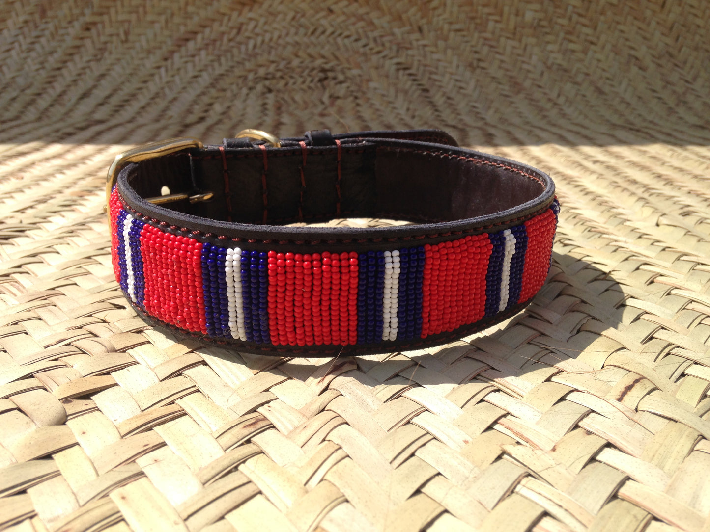 Handcrafted Maasai Dog Collar -  Red Blue Stripes