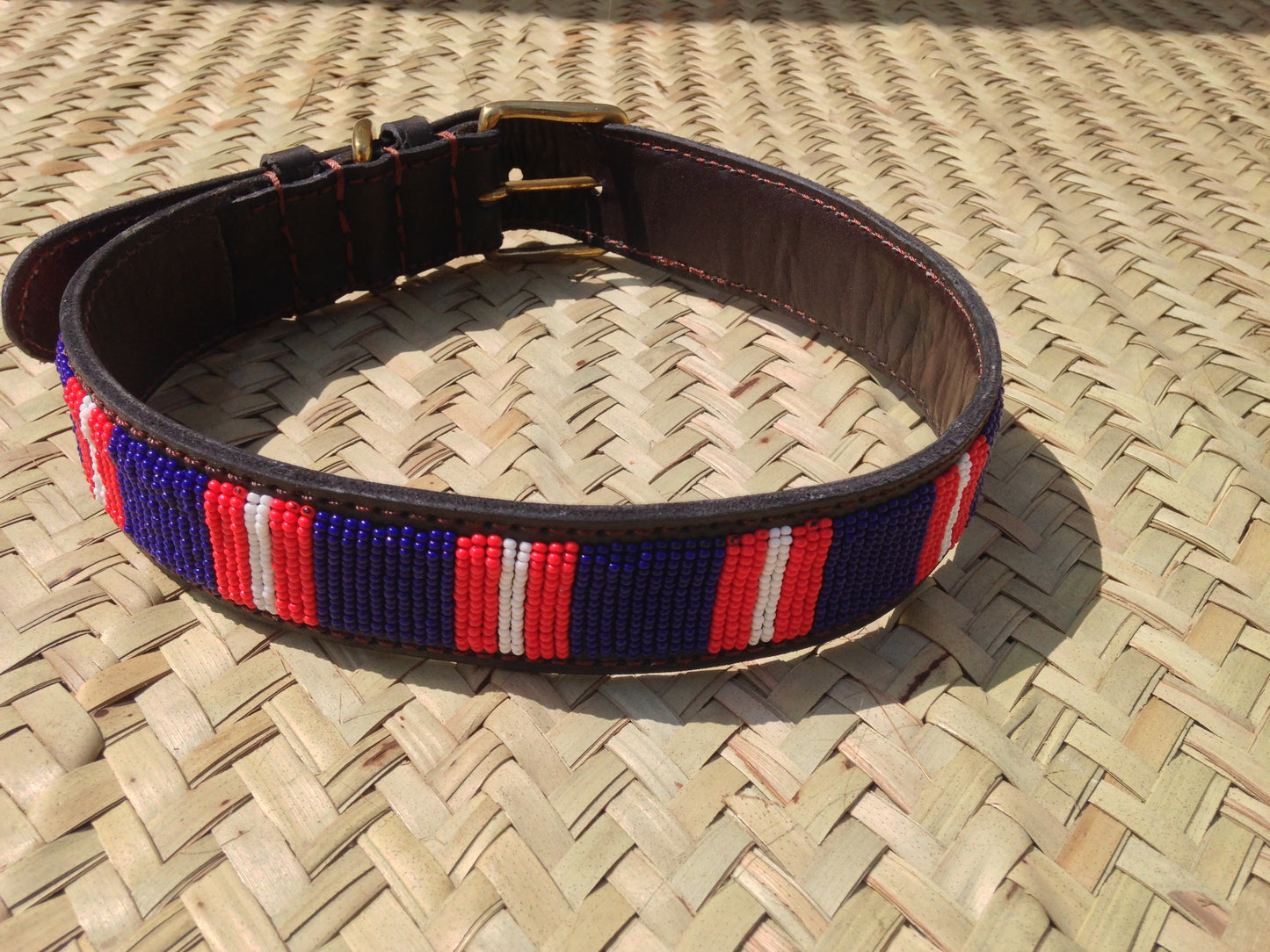 Handcrafted Maasai Dog Collar - Blue Red Stripes