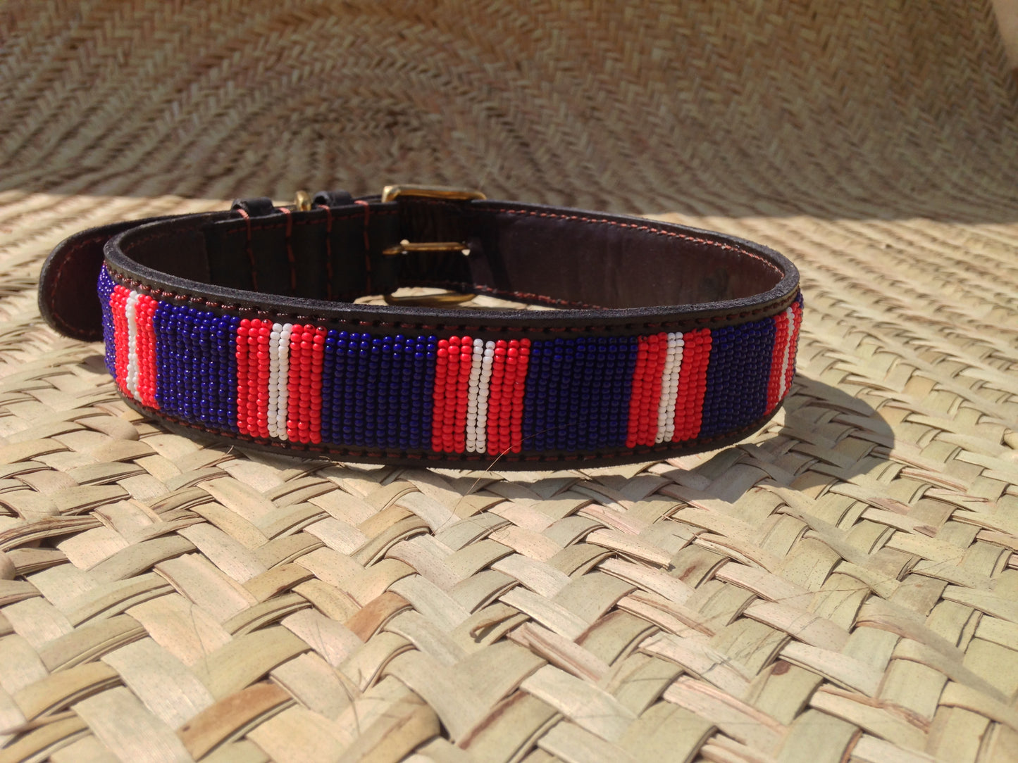 Handcrafted Maasai Dog Collar - Blue Red Stripes