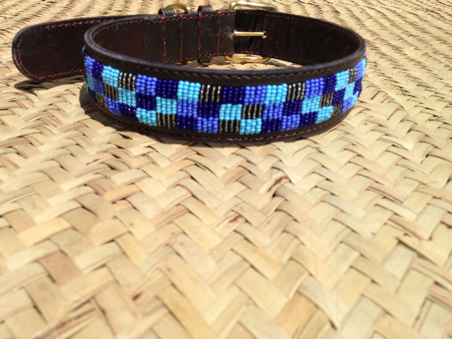 Handcrafted Maasai Dog Collar - Blue Gold Geometric