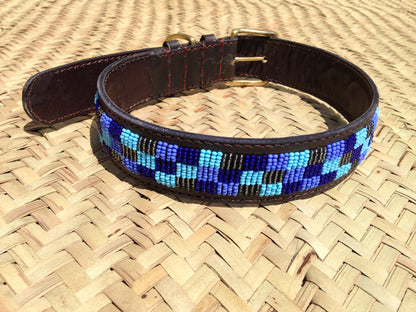 Handcrafted Maasai Dog Collar - Blue Gold Geometric