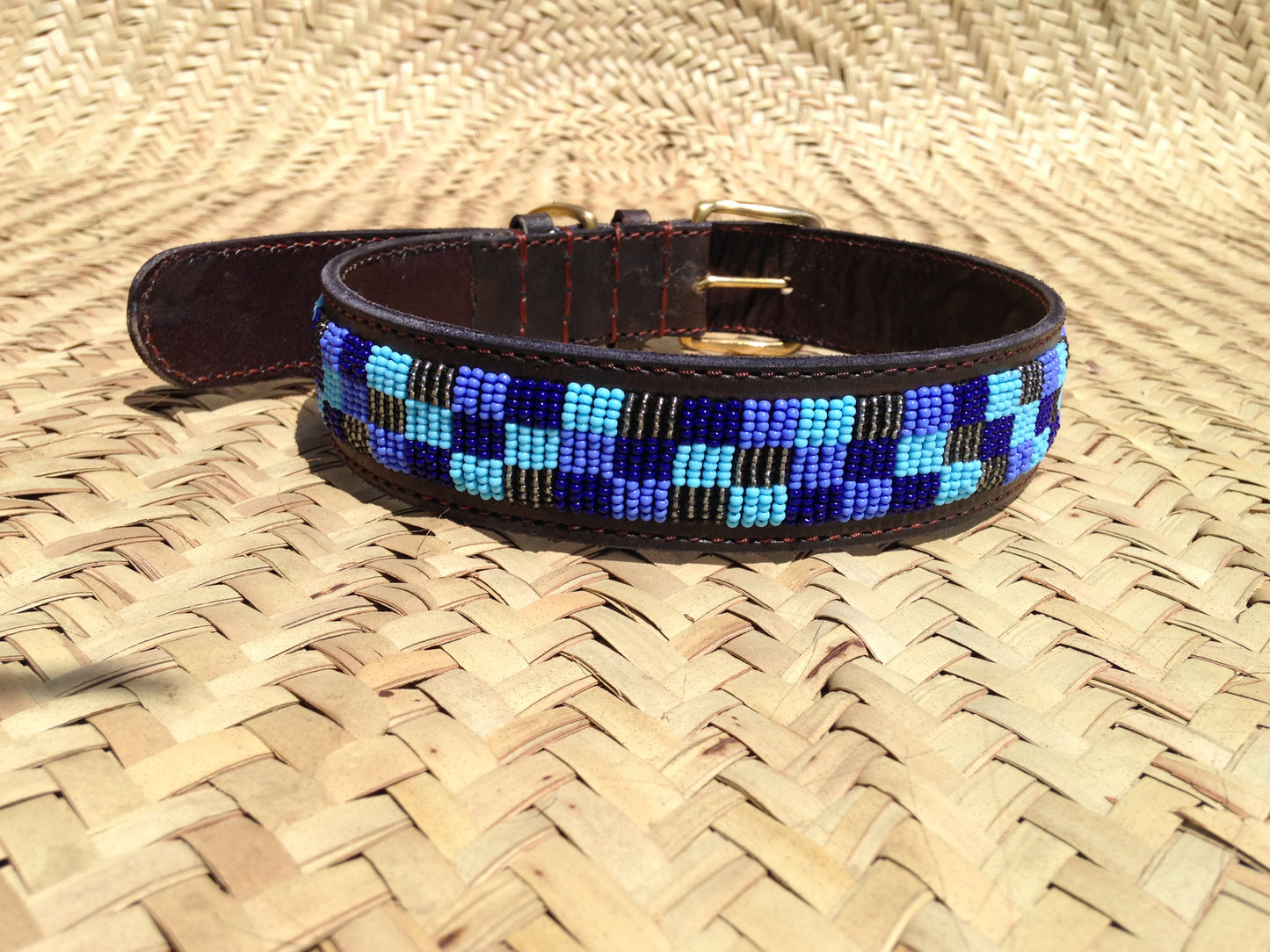 Handcrafted Maasai Dog Collar - Blue Gold Geometric