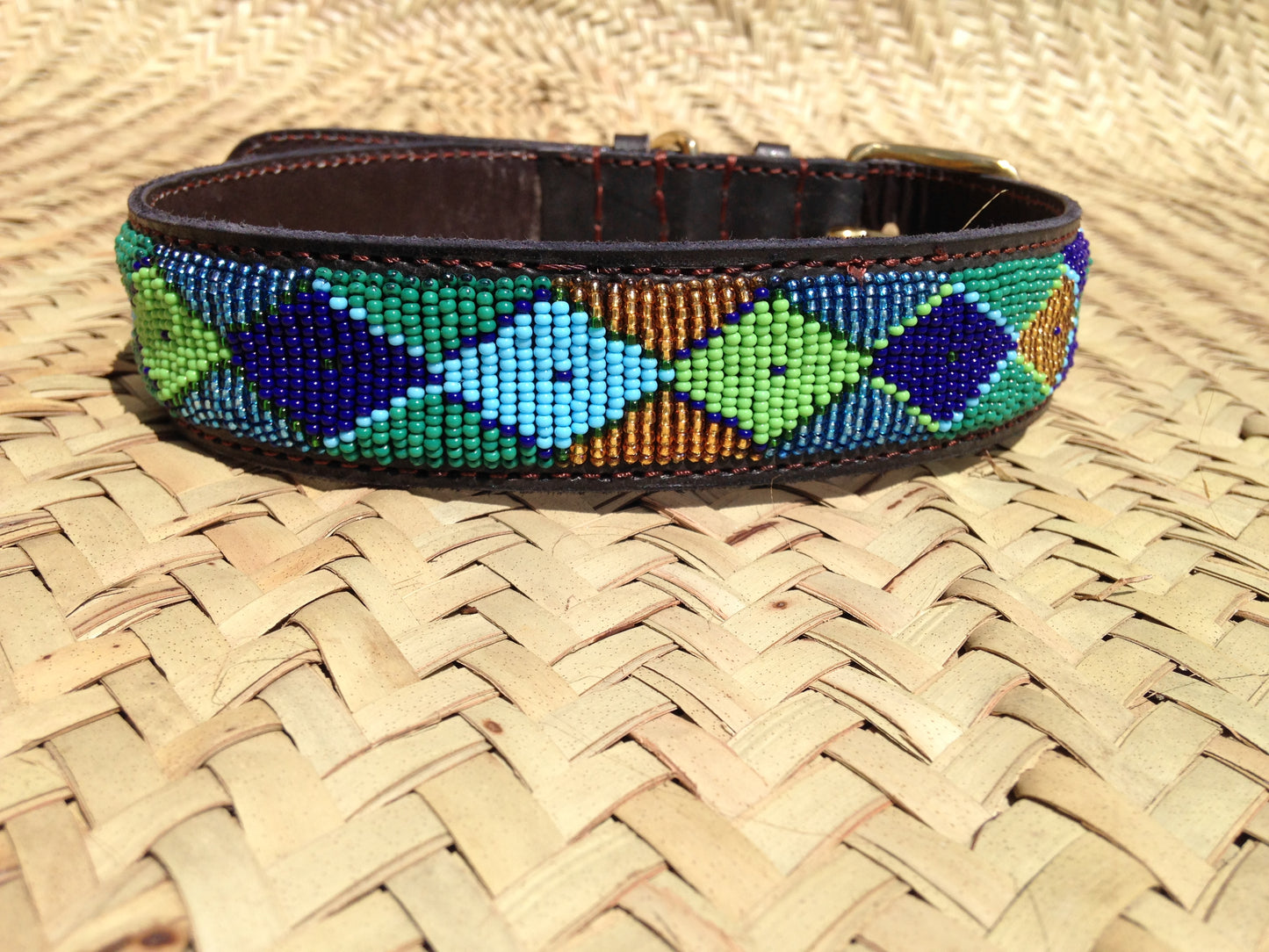 Handcrafted Maasai Dog Collar - Green Gold Geometric