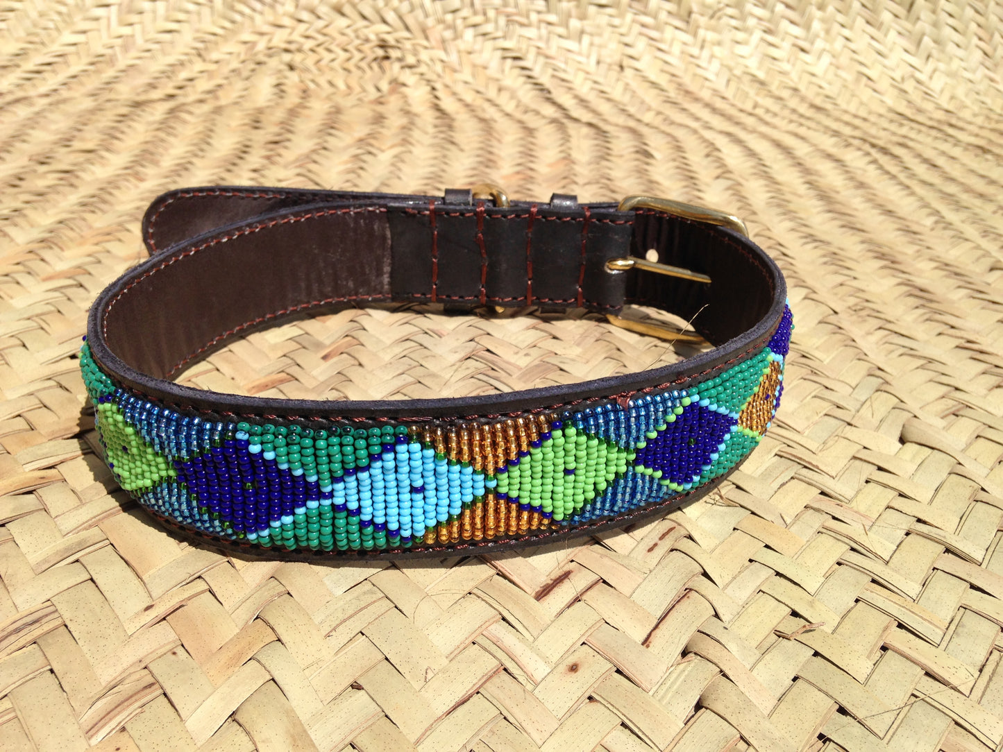 Handcrafted Maasai Dog Collar - Green Gold Geometric