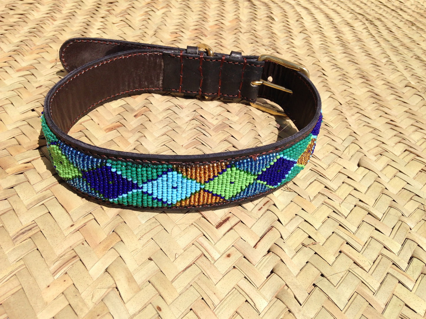 Handcrafted Maasai Dog Collar - Green Gold Geometric