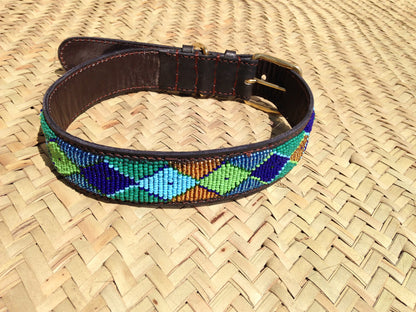 Handcrafted Maasai Dog Collar - Green Gold Geometric
