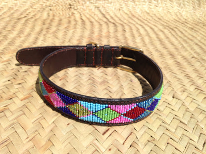 Handcrafted Maasai Dog Collar - Pink Blue Geometric