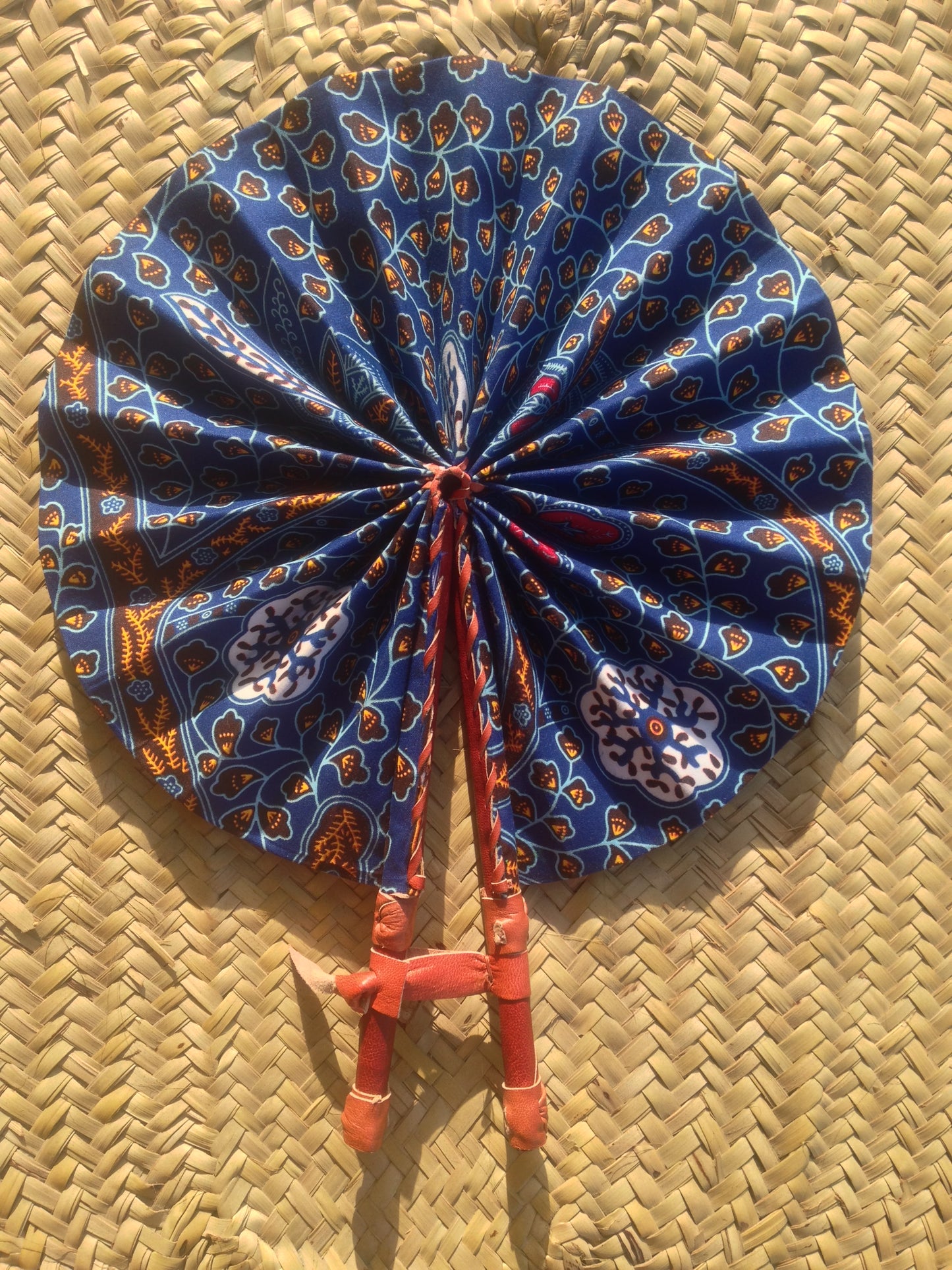 Ankara Fabric Hand Fan Leather Handle