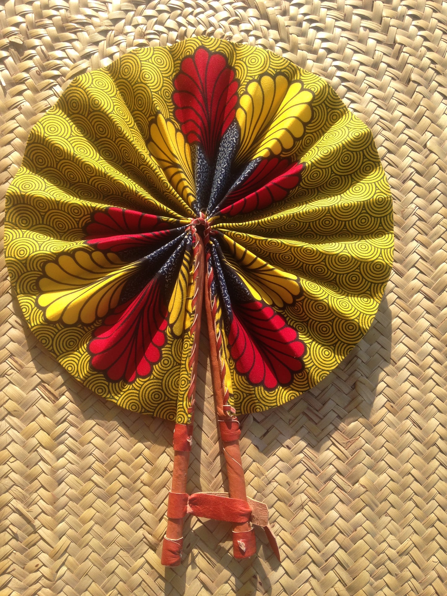 Ankara Fabric Hand Fan Leather Handle