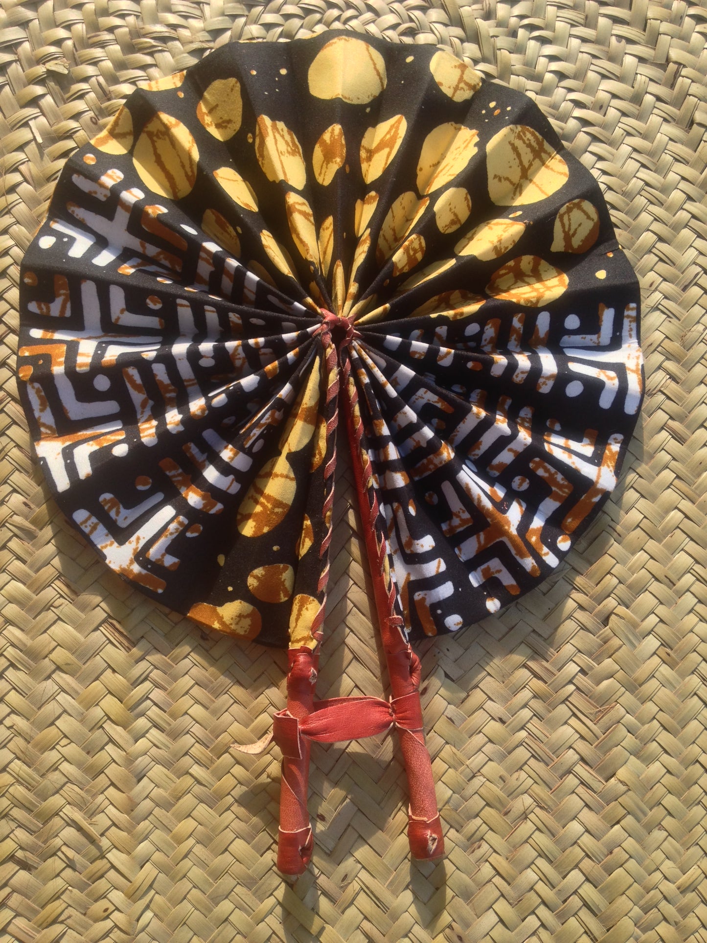 Ankara Fabric Hand Fan Leather Handle