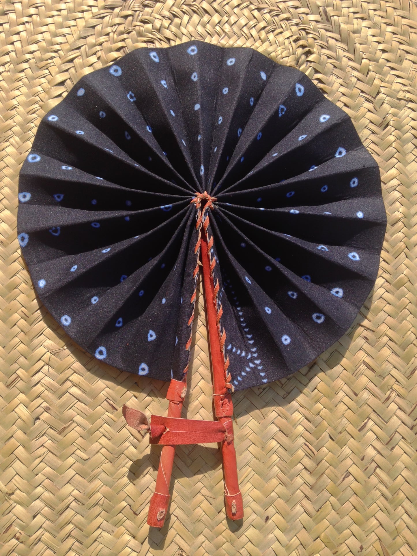 Ankara Fabric Hand Fan Leather Handle
