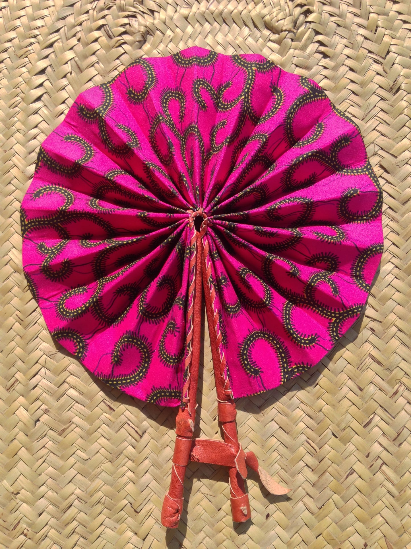 Ankara Fabric Hand Fan Leather Handle