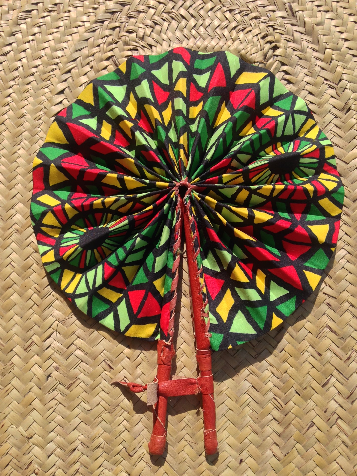 Ankara Fabric Hand Fan Leather Handle