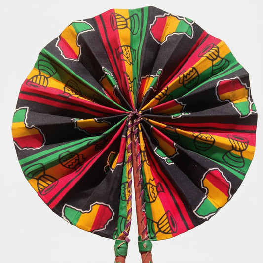 Ankara Fabric Hand Fan Leather Handle