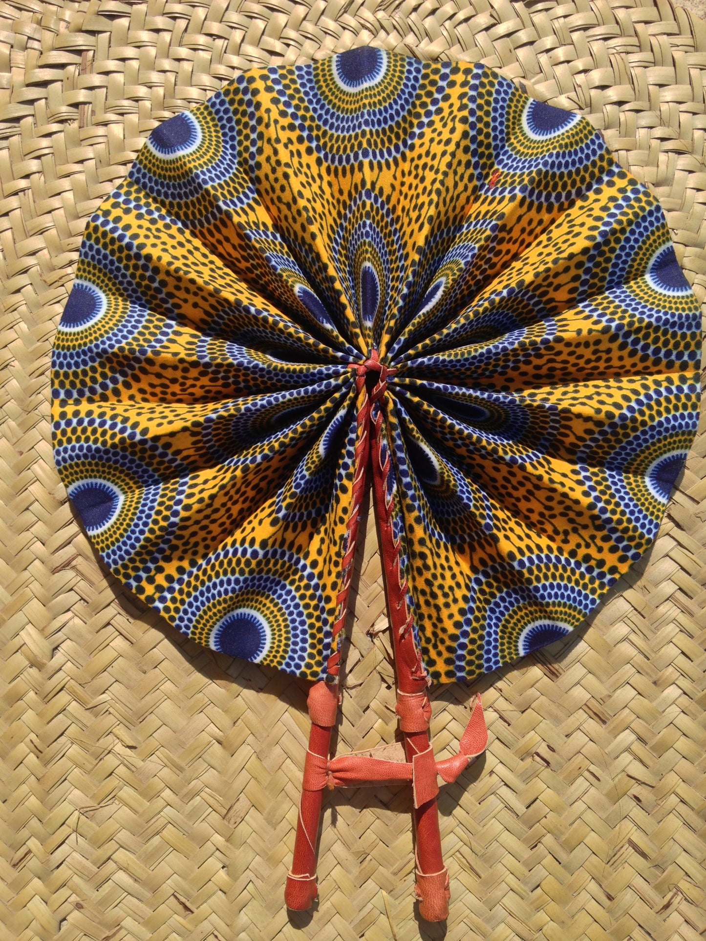 Ankara Fabric Hand Fan Leather Handle