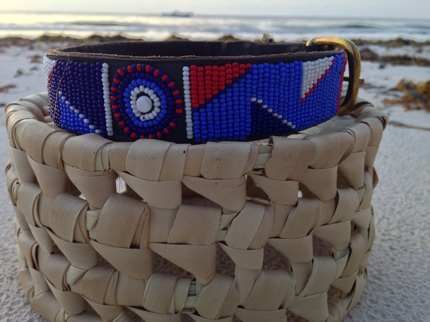 Handcrafted Maasai Dog Collar - Blue Red Geometric