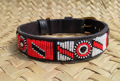 Handcrafted Maasai Dog Collar - Red White Geometric