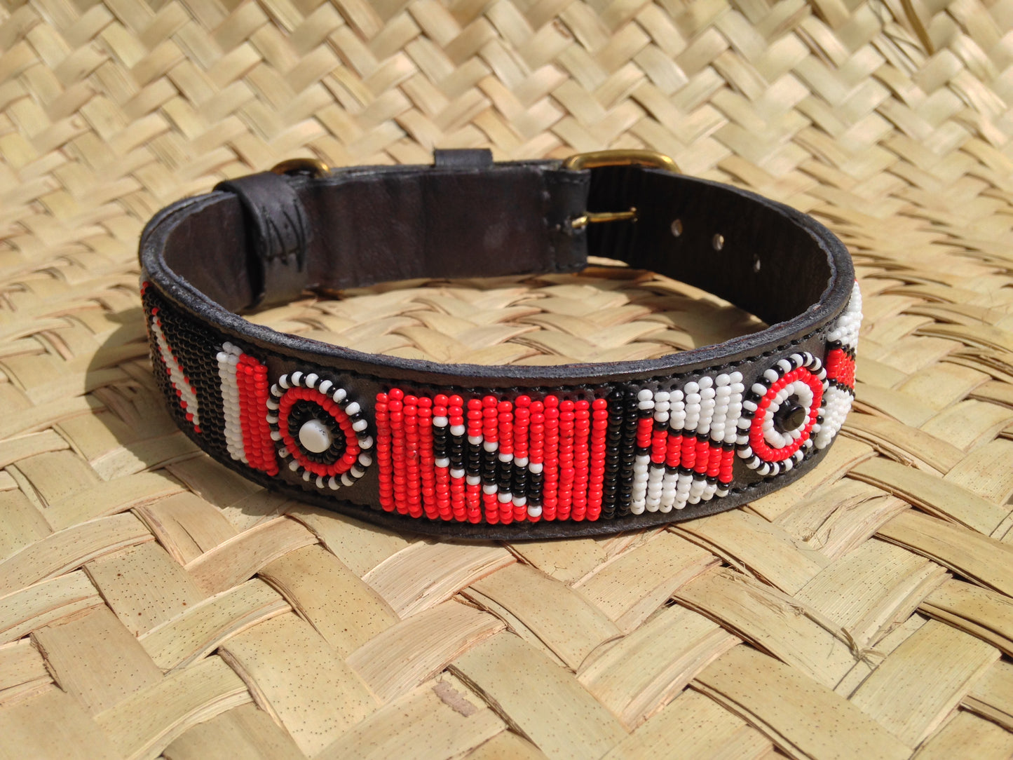 Handcrafted Maasai Dog Collar - Red White Geometric