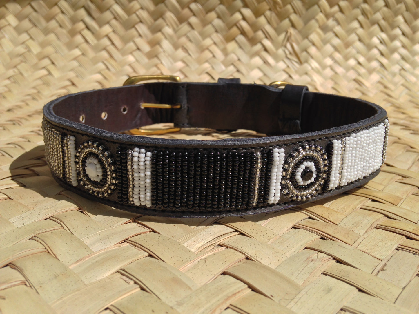 Handcrafted Maasai Dog Collar -Brown Silver Geometric